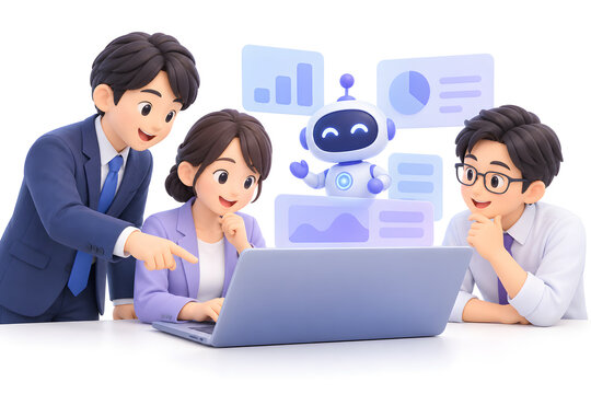 Business Team Collaborating with AI Assistant, 3D Illustration