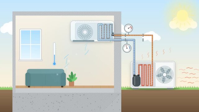 Motion Video HVAC Refrigerant Flow Animation 4K Showing Air Conditioning Cycle and Heat Transfer System