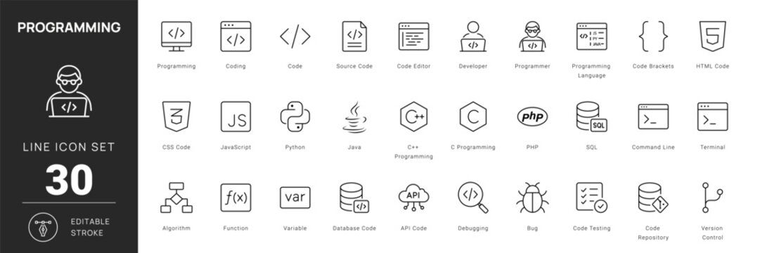 programming coding icon line style software development editable stroke vector set