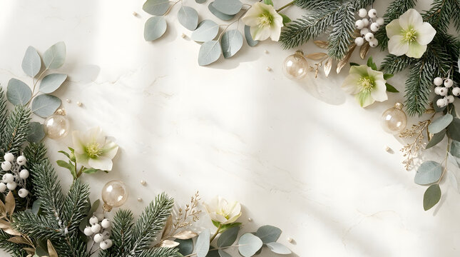 Elegant Christmas winter background with pine branches eucalyptus leaves and white flowers on marble