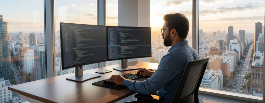 Focused South Asian male software developer writes code on dual curved monitors in modern high-rise office. Pro programmer works at workstation with panoramic city view through large window. Tech