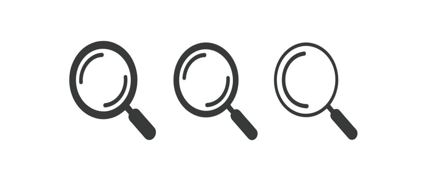 Magnifying glass search icon set with different line thicknesses for web exploration and zoom interface design.