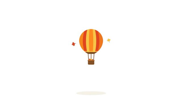 Animated orange maple leaf and hot air balloons floating against a clean white background. Minimalist 2D flat style with warm autumn colors. Ideal for Thanksgiving digital greetings.