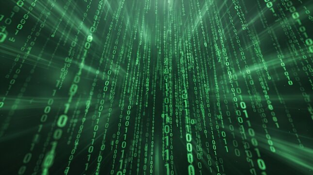 Green binary code streaming downwards on a dark digital background