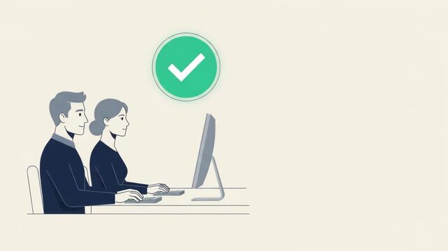 Flat 2D animation of office colleagues working together on a computer with a green checkmark symbol for task completion
