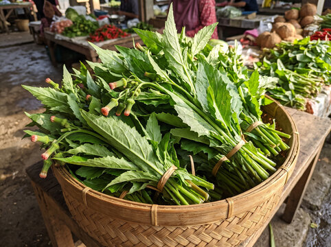 Fresh bundles of redflower ragleaf green leafy vegetables displayed in a traditional woven bamboo basket at a local outdoor market