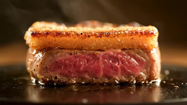 Sizzling picanha steak with fat cap cooking on grill