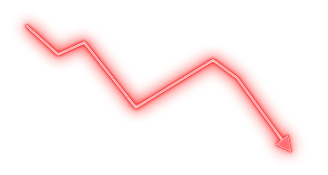 Red downward zigzag arrow showing decline, Bright red zigzag arrow pointing downward on a transparent background, showing decline, falling prices, loss, negative business trend and economic downturn.