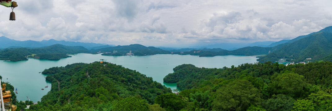 Panoramic view of Sun Moon Lake and surrounding mountains in Nantou