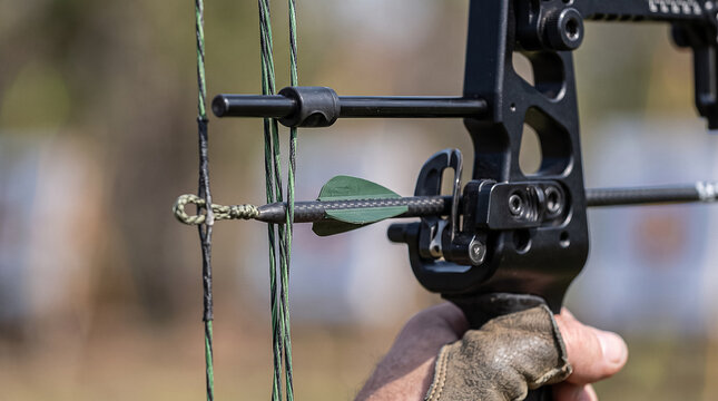 pulling bowstring of compound bow with arrow