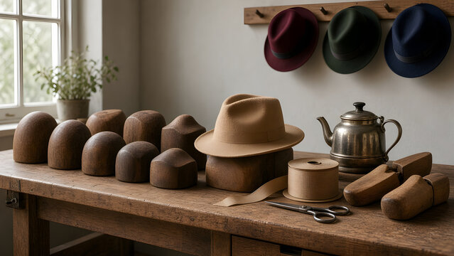 Millinery studio with wooden hat blocks and handmade felt hats