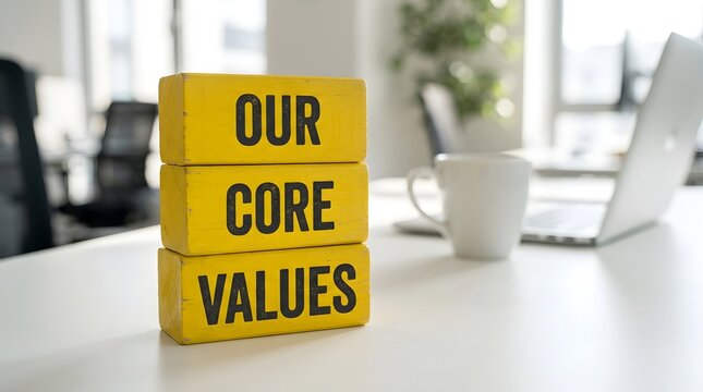Our core values on wooden blocks in office