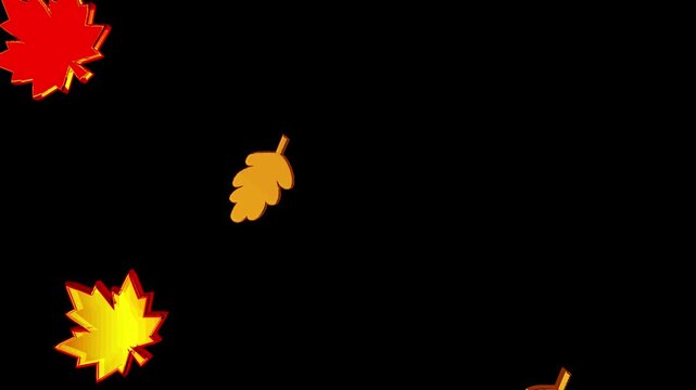 Falling 3D maple and oak leaves autumn animation on black background colorful glass shape, suitable for presentation, ads, creative project, etc.