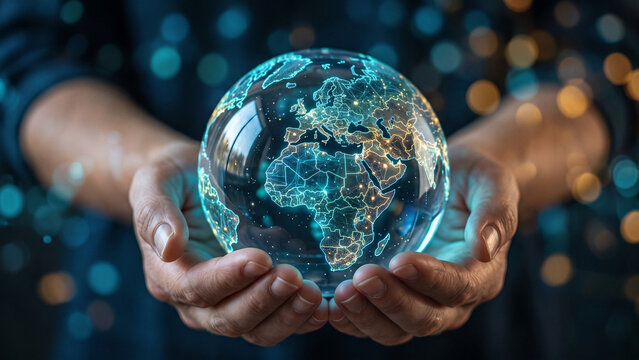 Pair of hands holding a transparent globe with digital connections and nodes superimposed over it, representing a network, global communication