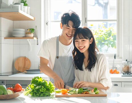 Happy young Asian couple preparing healthy vegetables together in a bright modern kitchen.