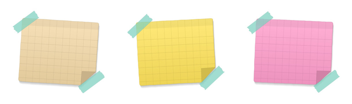 Set of three colorful square sticky notes with tape isolated on transparent background