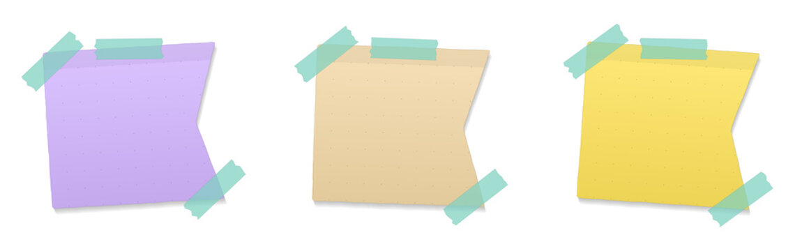 Set of three colorful paper sticky notes decorated with adhesive tape isolated on transparent background