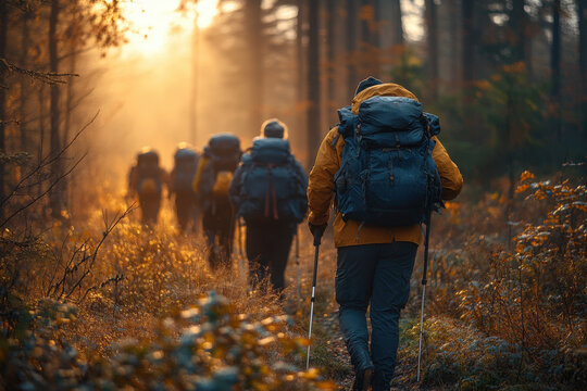 Group of people walking through a forest.