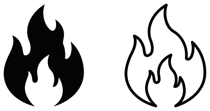 Black fire flame icon set with solid and outline versions suitable for heat warnings or hot content indicators.