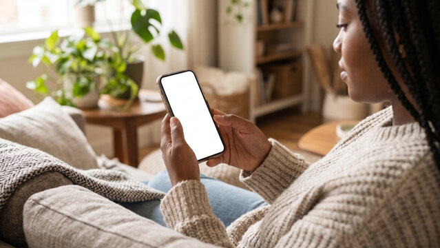 Woman Sitting on Couch Holding Smartphone with Blank White Screen Mockup