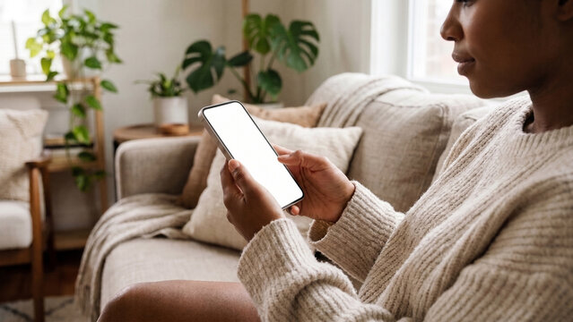 Woman Sitting on Couch Holding Smartphone with Blank White Screen Mockup