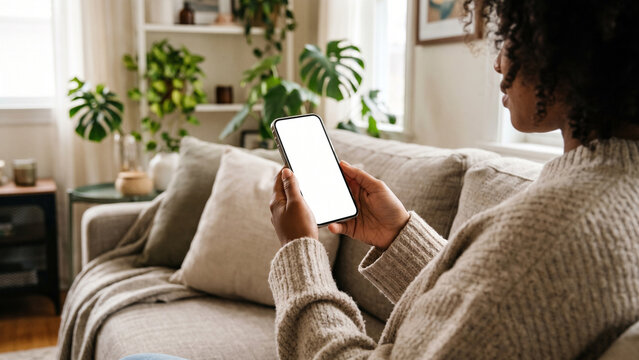 Woman Sitting on Couch Holding Smartphone with Blank White Screen Mockup
