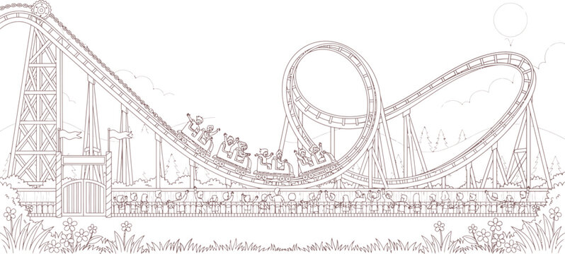 Roller coaster track with riders during a thrilling loop against a bright daytime sky and park scenery