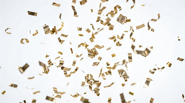 Scattered rectangular gold foil confetti pieces falling against a white background with metallic foi