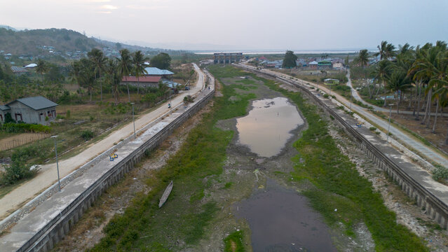 Aerial View of a Dried Riverbed in a Rural Village
