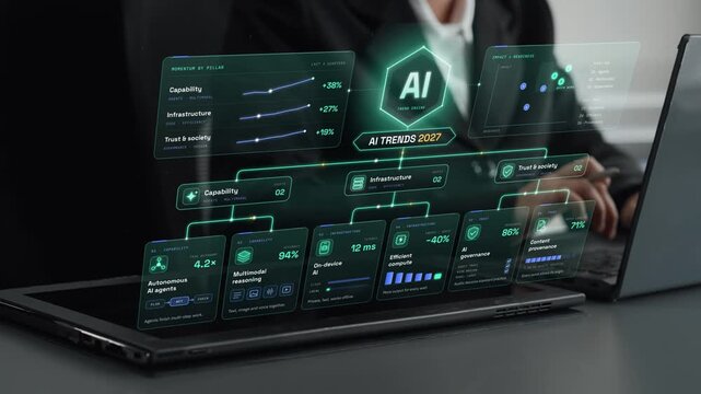 Future of AI in 2027 with autonomous agents completing multi-step work, multimodal reasoning across text, image and voice, and private on-device intelligence. Foretell.