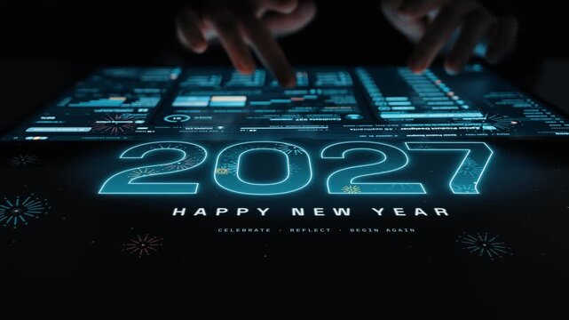 Joyful new year 2027 celebration with fireworks and holiday greeting for festive events, wishing happiness, luck and prosperity in the year ahead. Foretell.