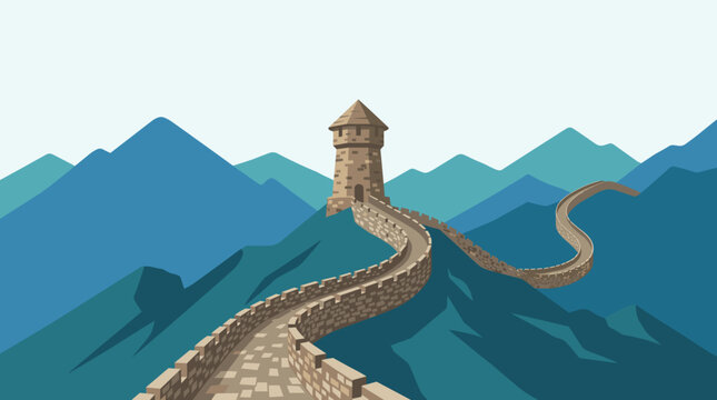Flat vector illustration of a long stone fortification wall winding through a mountainous landscape with a central medieval watchtower under a clear sky for travel concept.