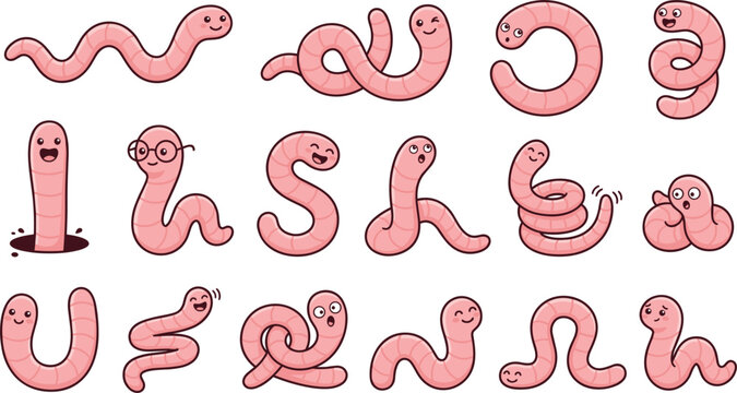 Cute cartoon pink earthworm characters collection showing different funny crawl poses expressions and tangled shapes