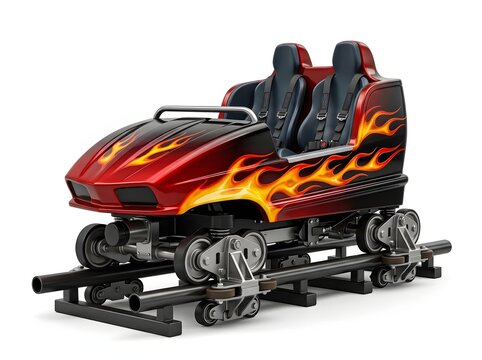 A single empty roller coaster car painted with vibrant red and yellow flame graphics on a dark body, positioned on steel tracks against a clean white background
