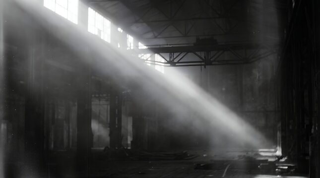 Dramatic industrial factory interior with strong light beams and old metal structure inside