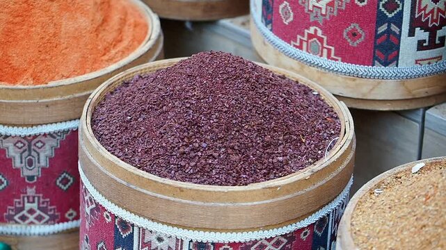 Bowls of ground spices displayed at a market stall