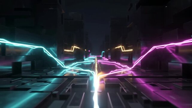 Digital Energy Highway: Abstract streaks of vibrant neon energy, in cyan and magenta, flow down a futuristic digital road, depicting the flow of data and power in the modern age.