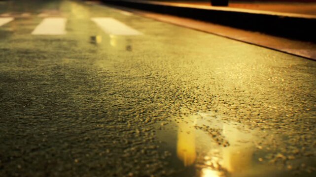 Close up perspective of asphalt road surface with painted crosswalk lines during sunset hours