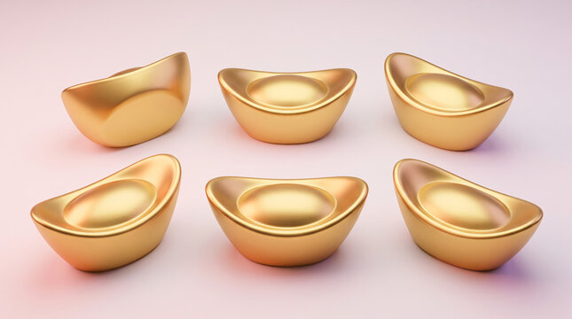 Six gold sycee ingots on pink background