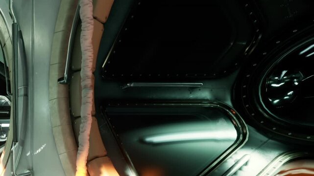 Astronauts inside the space station cupola module looking out the large windows to view outer space