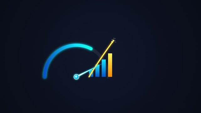 Digital Speedometer Gauge Meter Arrow Accelerating Upward with Growth Bar Graph