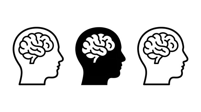 Set of human head profile silhouettes with brain icons inside representing mental health and intelligence concepts