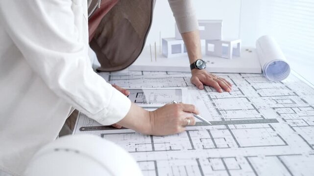 Professionals hands working together, examining building plans, using a tablet for design adjustments and a ruler for precise measurements while developing a modern residential project