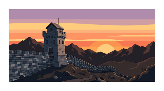 Flat design vector illustration of an ancient stone wall and watchtower stretching across a mountain range at sunset with a warm orange and purple sky and rising sun.