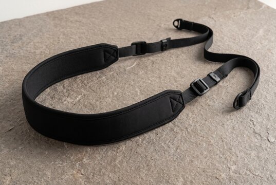 Padded camera neck strap laid in a broad curve