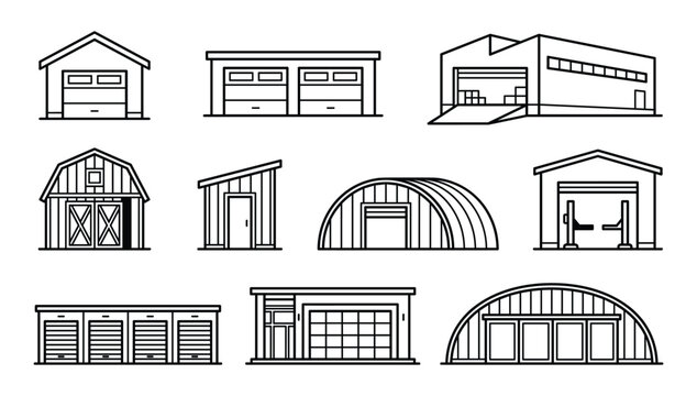 Garage Warehouse and Storage Building Icon Set Featuring Barn Hangar and Workshop Line Vectors