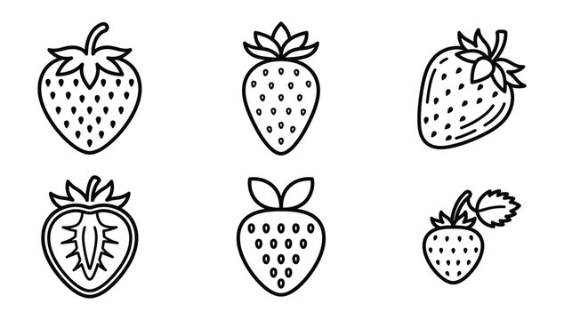 Fresh Strawberry Fruit Icon Set Featuring Whole Berries Slices and Outline Garden Plant Leaves Symbols