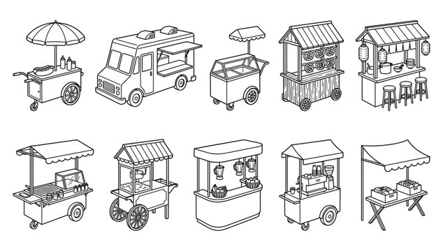 Mobile Food Truck and Street Kiosk Icon Set Featuring Market Stalls Coffee and Popcorn Carts