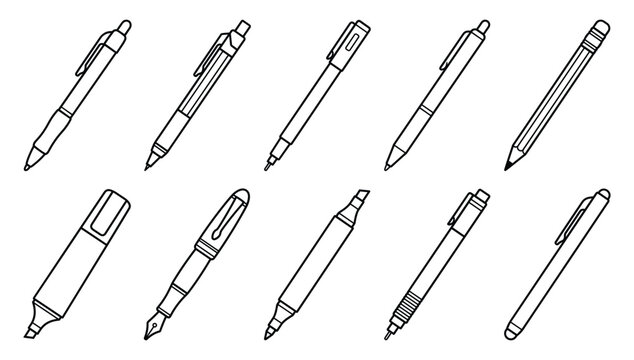 Office Stationery Pen and Pencil Icon Set Featuring Ballpoint Fountain Pen Highlighter and Marker Line Vectors
