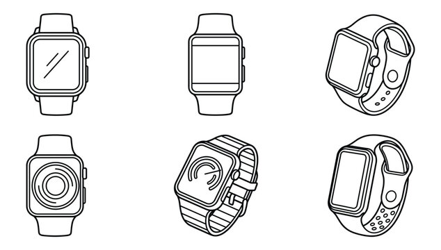 Smartwatch and Fitness Tracker Device Icon Set Featuring Modern Wearable Technology and Sport Band Vectors